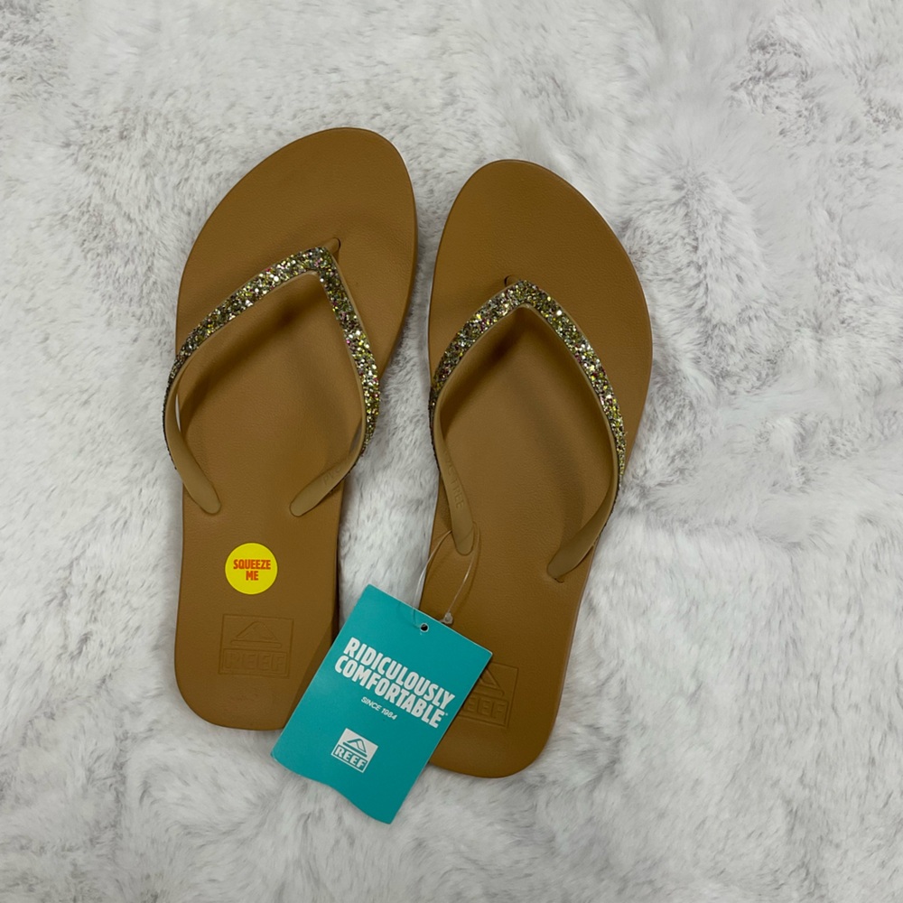 Reef Women's Tan Flip Flops with Gold Glitter Straps